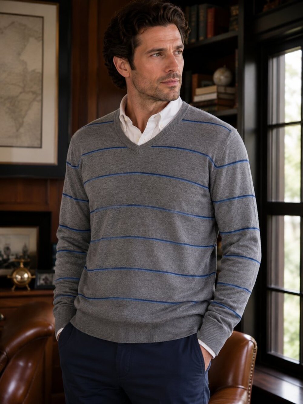 Banana Republic Luxury Blend Silk Cotton Cashmere Striped Sweater Gray Blue Med